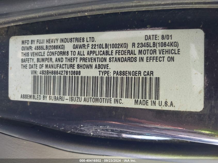 4S3BH686427610698 2002 Subaru Outback Limited