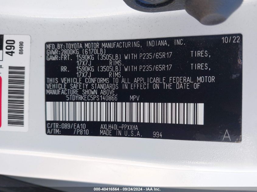 2023 Toyota Sienna Xle VIN: 5TDYRKEC5PS140866 Lot: 40416564