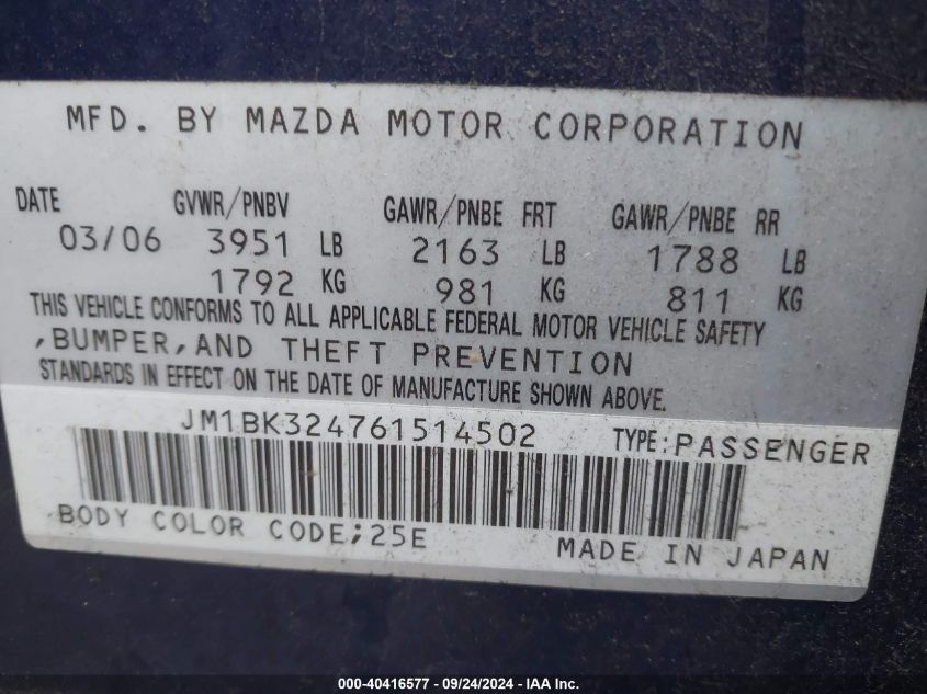 JM1BK324761514502 2006 Mazda 3 S