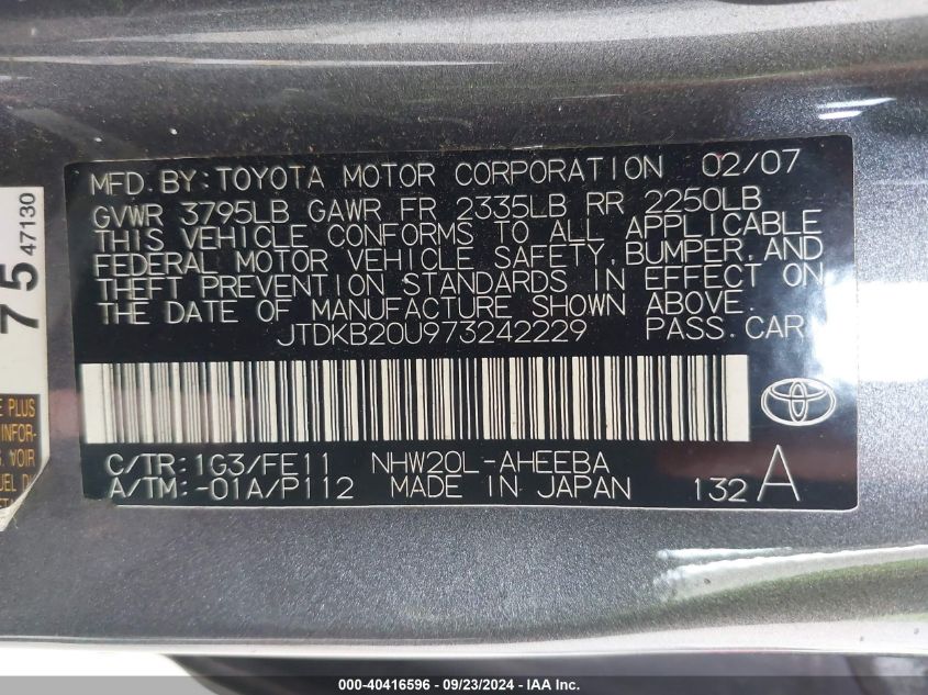 2007 Toyota Prius VIN: JTDKB20U973242229 Lot: 40416596