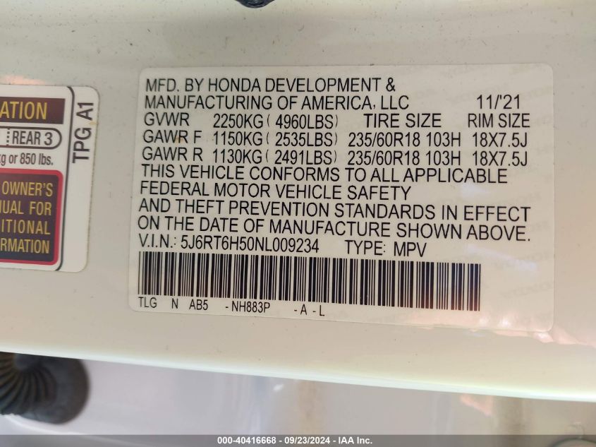 2022 Honda Cr-V Hybrid Ex VIN: 5J6RT6H50NL009234 Lot: 40416668