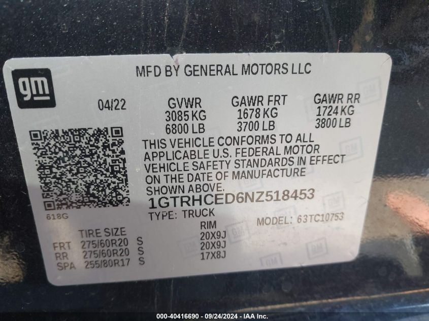 2022 GMC Sierra C1500 Elevation VIN: 1GTRHCED6NZ518453 Lot: 40416690