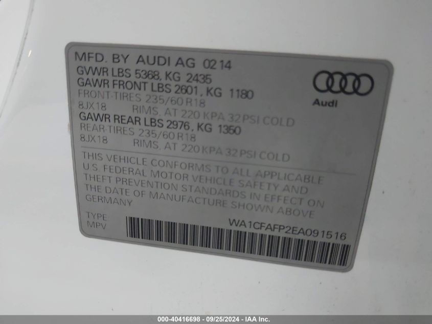 2014 Audi Q5 Premium VIN: WA1CFAFP2EA091516 Lot: 40416698