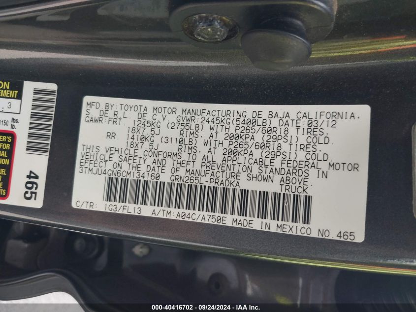 3TMJU4GN6CM134160 2012 Toyota Tacoma Prerunner V6