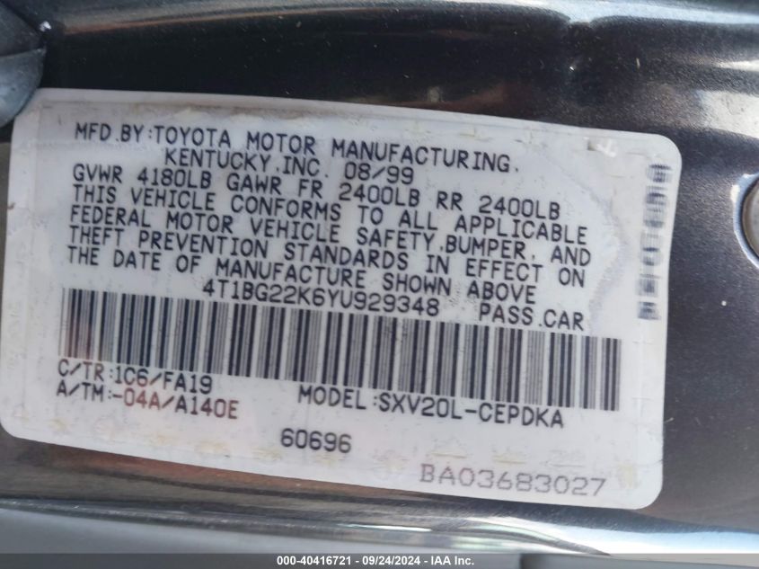 4T1BG22K6YU929348 2000 Toyota Camry Ce