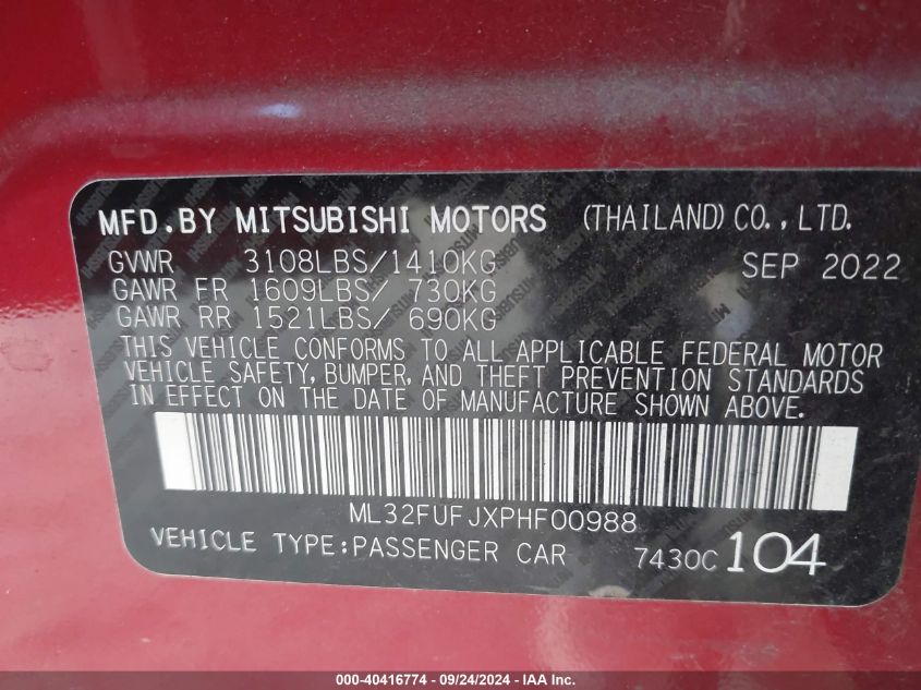 ML32FUFJXPHF00988 2023 Mitsubishi Mirage G4 Es/G4 Le/G4 Black Edit