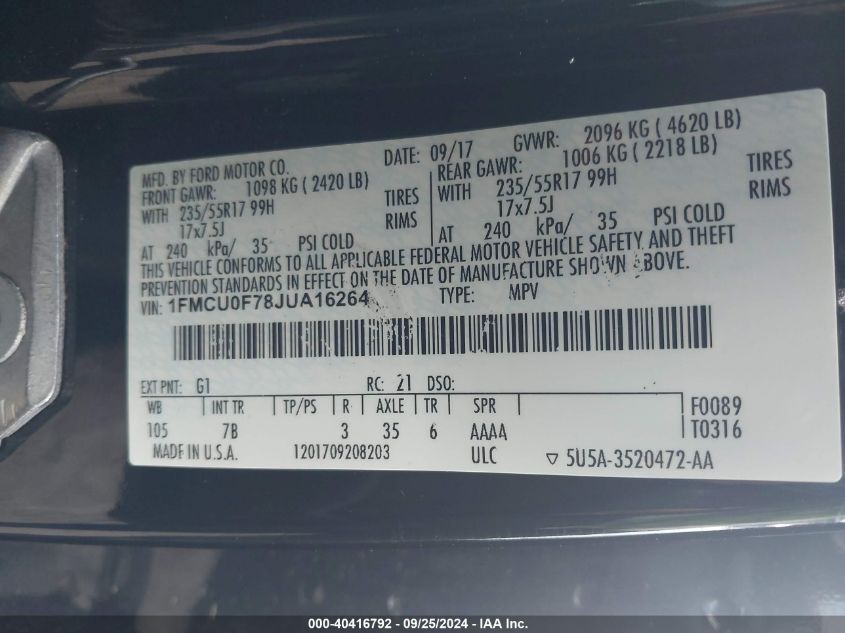 1FMCU0F78JUA16264 2018 Ford Escape S