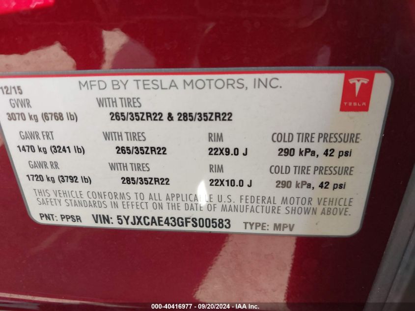 2016 Tesla Model X VIN: 5YJXCAE43GFS00583 Lot: 40416977