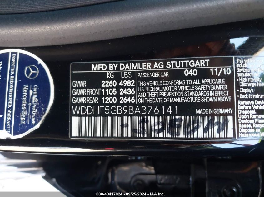 WDDHF5GB9BA376141 2011 Mercedes-Benz E 350