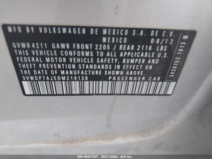 3VWDP7AJ5DM219128 2013 Volkswagen Jetta 2.5L Se