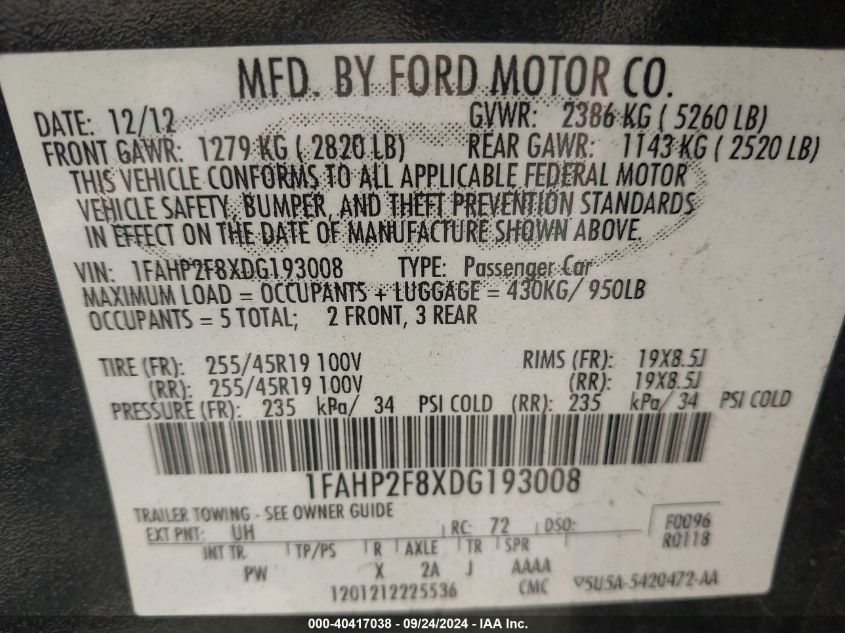 1FAHP2F8XDG193008 2013 Ford Taurus Limited