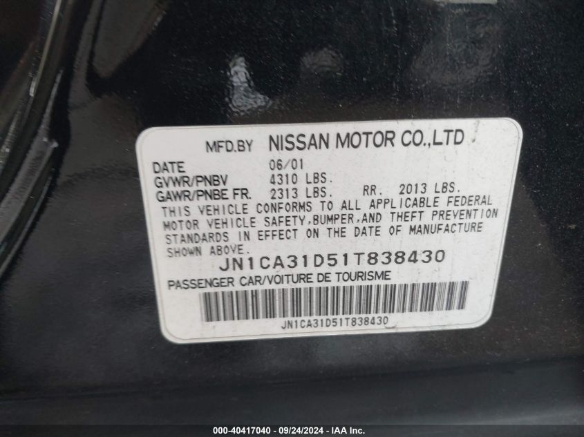 2001 Nissan Maxima Gxe VIN: JN1CA31D51T838430 Lot: 40417040