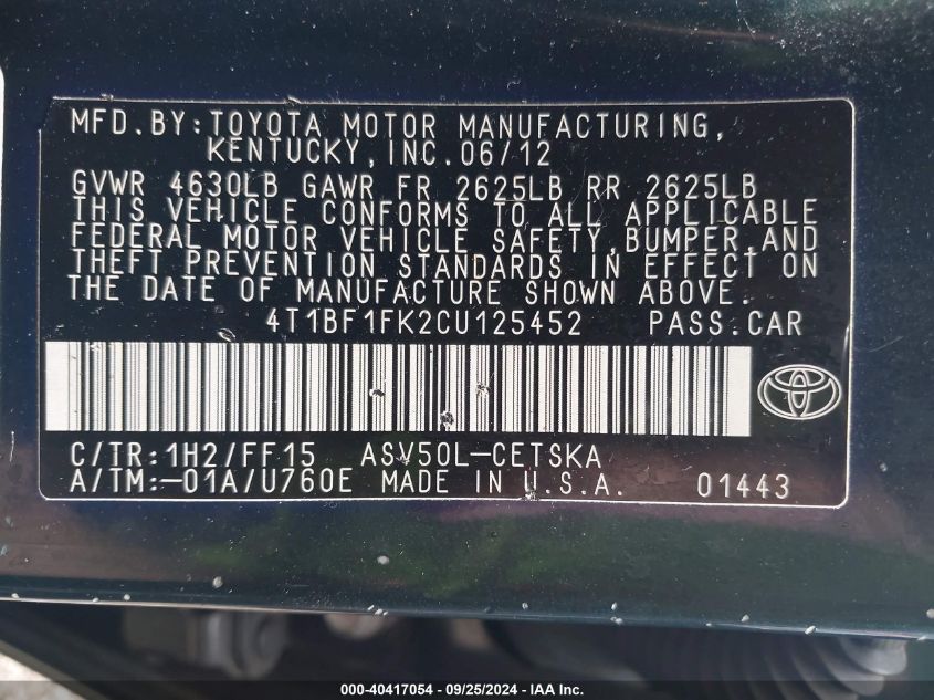 2012 Toyota Camry Se VIN: 4T1BF1FK2CU125452 Lot: 40417054