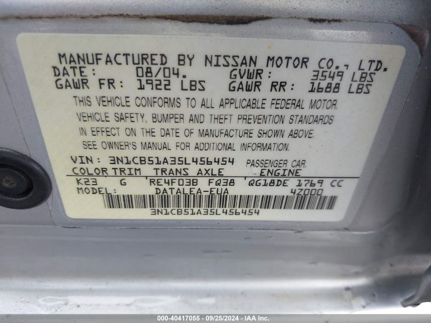 2005 Nissan Sentra 1.8S VIN: 3N1CB51A35L456454 Lot: 40417055