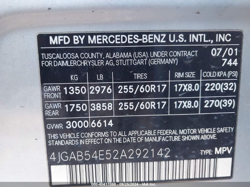 4JGAB54E52A292142 2002 Mercedes-Benz Ml 320