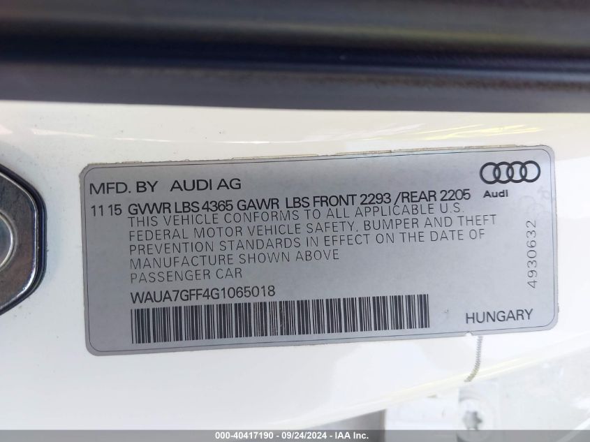 2016 Audi A3 Premium VIN: WAUA7GFF4G1065018 Lot: 40417190