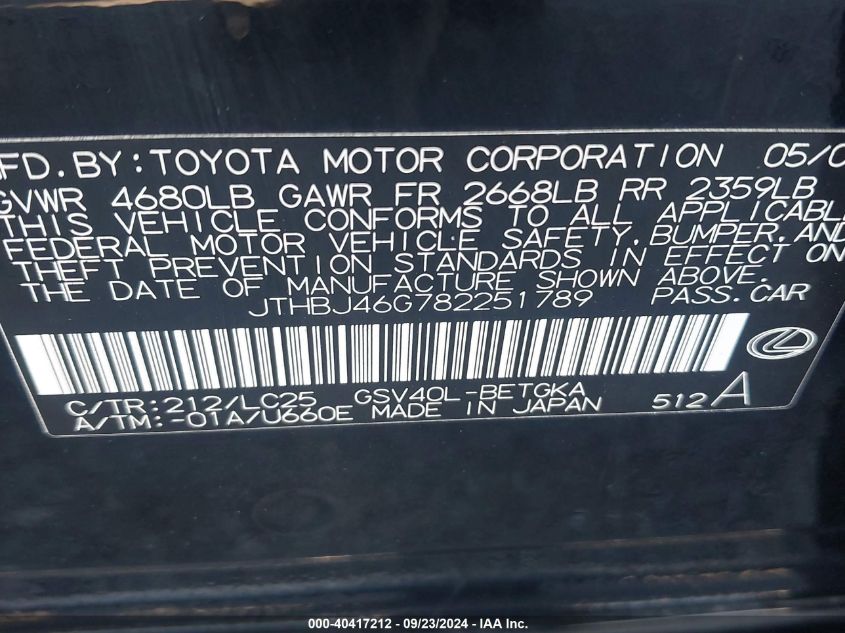 JTHBJ46G782251789 2008 Lexus Es 350 350