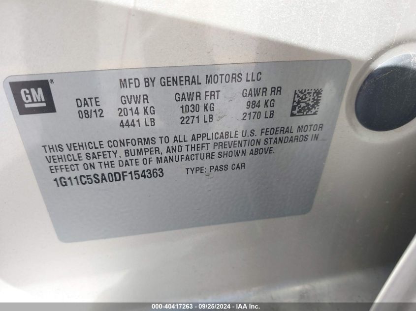 1G11C5SA0DF154363 2013 Chevrolet Malibu 1Lt