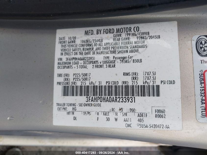 2010 Ford Fusion Se VIN: 3FAHP0HA0AR233931 Lot: 40417293