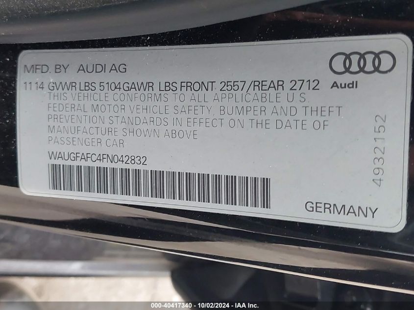 2015 Audi A6 2.0T Premium VIN: WAUGFAFC4FN042832 Lot: 40417340