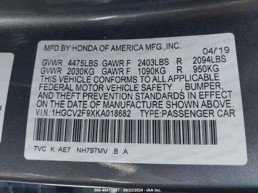 1HGCV2F9XKA018682 2019 Honda Accord Touring 2.0T