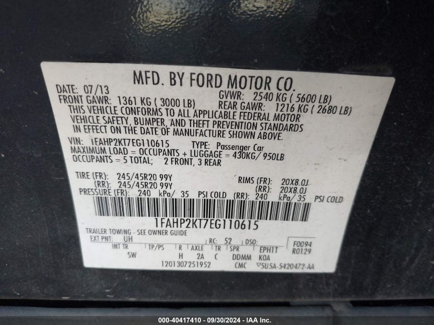 2014 Ford Taurus Sho VIN: 1FAHP2KT7EG110615 Lot: 40417410