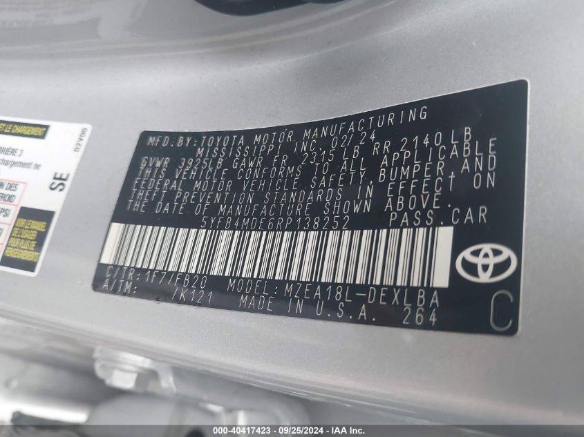 2024 TOYOTA COROLLA LE - 5YFB4MDE6RP138252