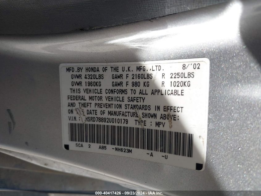 2002 Honda Cr-V Ex VIN: SHSRD78892U010179 Lot: 40417426