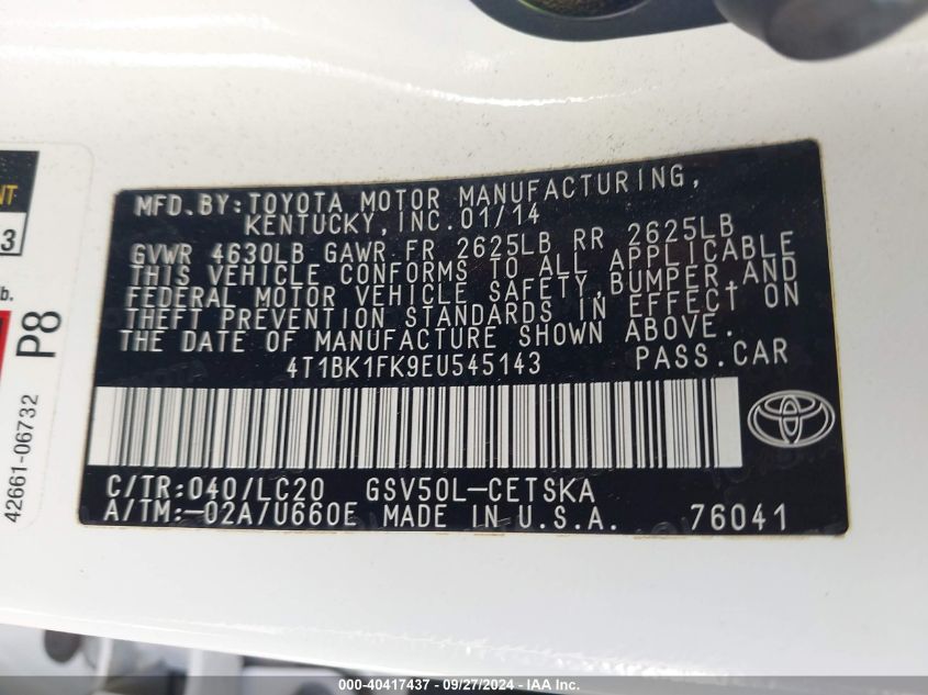 2014 Toyota Camry Se V6 VIN: 4T1BK1FK9EU545143 Lot: 40417437