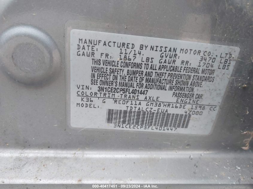 3N1CE2CP5FL401447 2015 Nissan Versa Note S (Sr)/S Plus/Sl/Sr/Sv