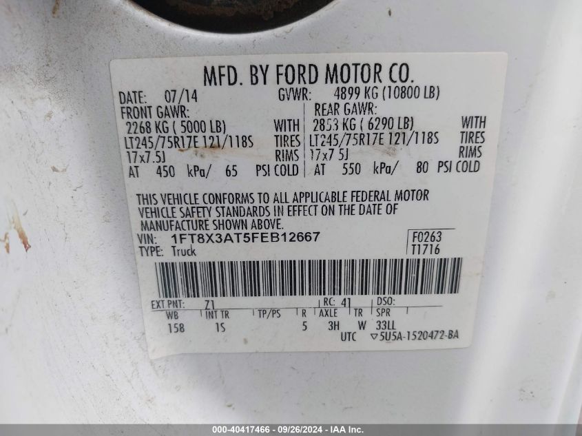 2015 Ford F-350 Super Duty VIN: 1FT8X3AT5FEB12667 Lot: 40417466