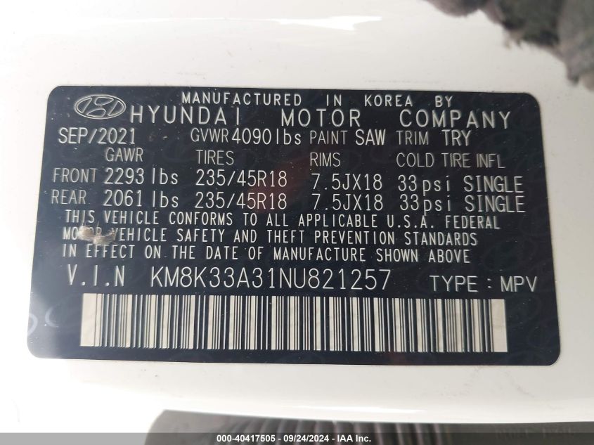 2022 Hyundai Kona N Line VIN: KM8K33A31NU821257 Lot: 40417505