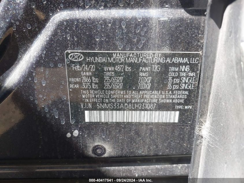 5NMS33AD8LH231087 2020 Hyundai Santa Fe Sel/Sel Plus