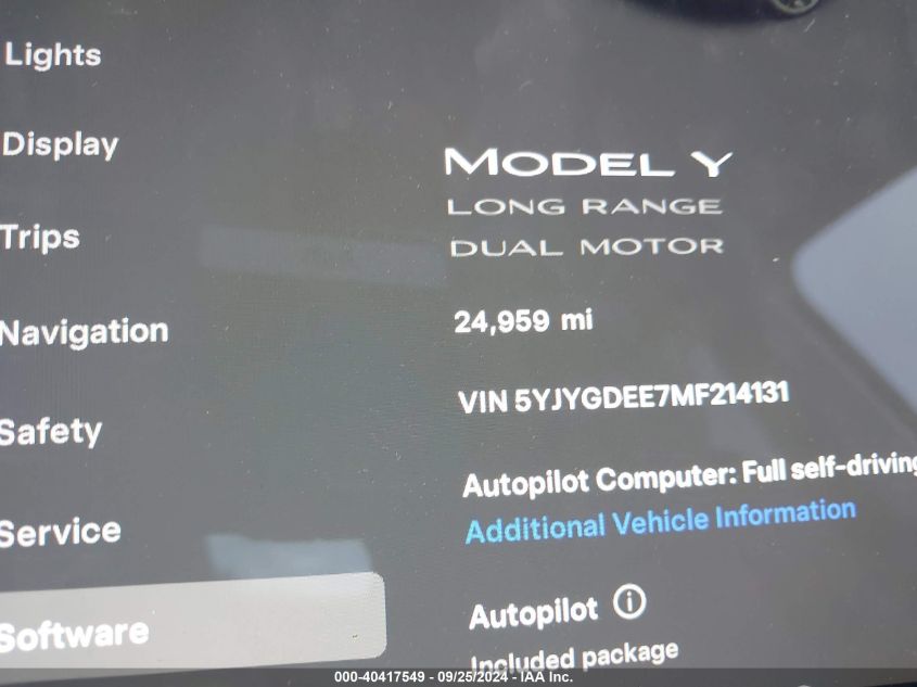 2021 Tesla Model Y Long Range Dual Motor All-Wheel Drive VIN: 5YJYGDEE7MF214131 Lot: 40417549