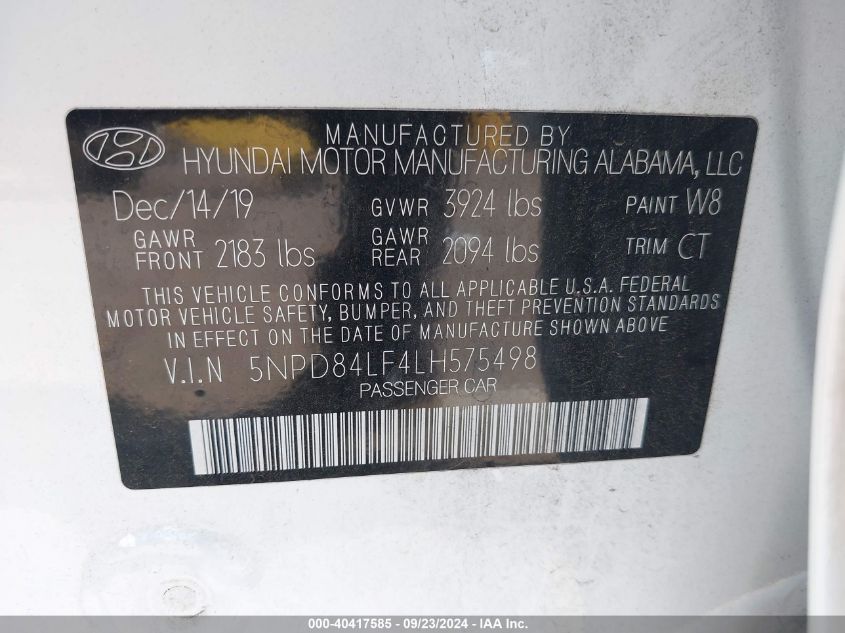 2020 Hyundai Elantra Sel VIN: 5NPD84LF4LH575498 Lot: 40417585