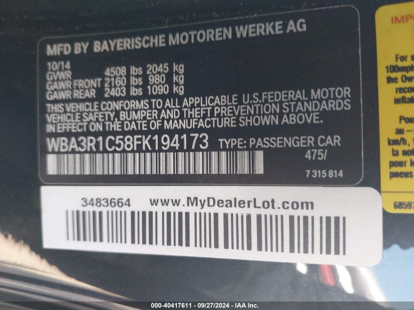 2015 BMW 435I VIN: WBA3R1C58FK194173 Lot: 40417611