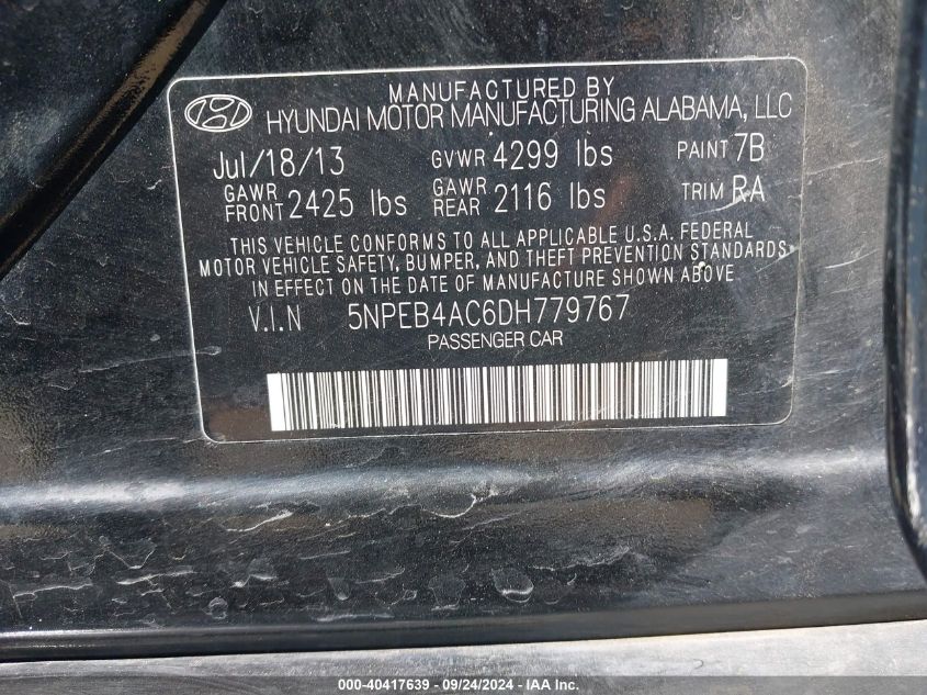 5NPEB4AC6DH779767 2013 Hyundai Sonata Gls