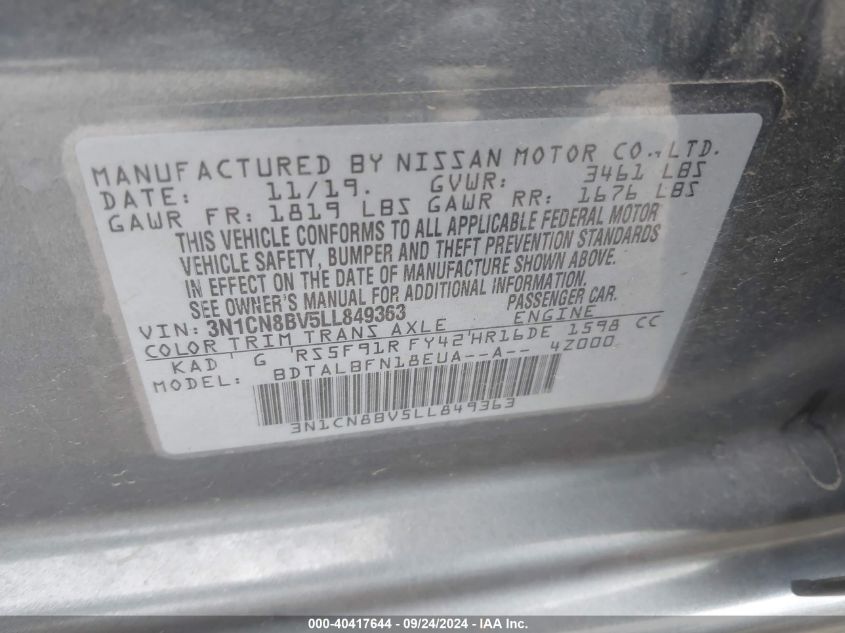 2020 Nissan Versa S 5-Speed Manual Transmission VIN: 3N1CN8BV5LL849363 Lot: 40417644