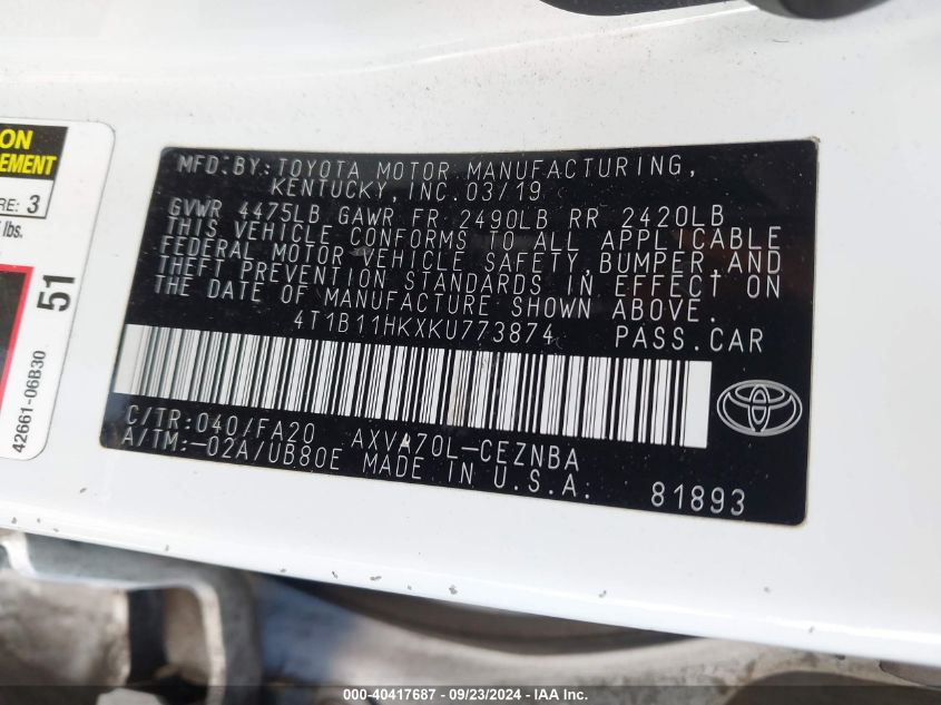 4T1B11HKXKU773874 2019 Toyota Camry Le