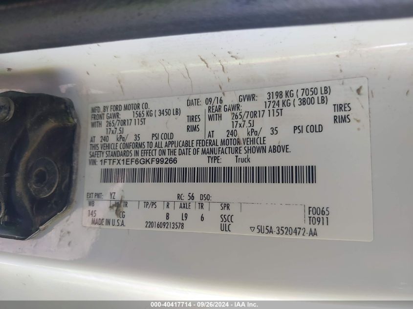 2016 Ford F-150 Xl VIN: 1FTFX1EF6GKF99266 Lot: 40417714