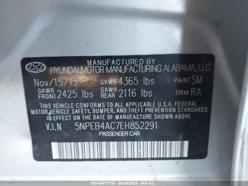 5NPEB4AC7EH852291 2014 Hyundai Sonata Gls