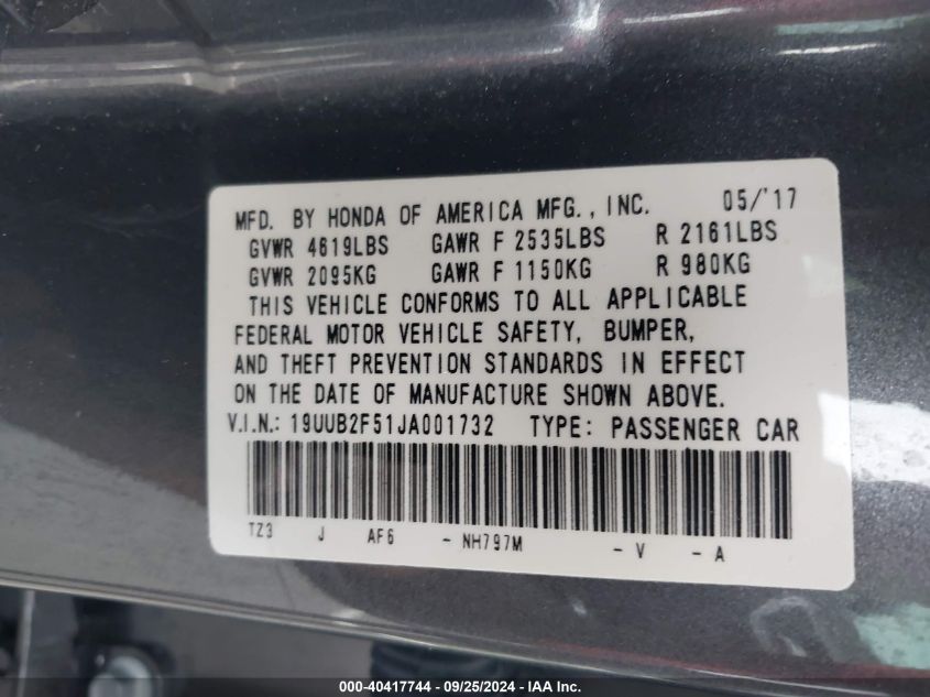 19UUB2F51JA001732 2018 Acura Tlx Tech Pkg