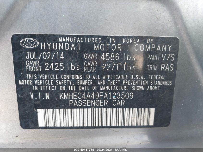 2015 Hyundai Sonata Hybrid Limited VIN: KMHEC4A49FA123509 Lot: 40417759