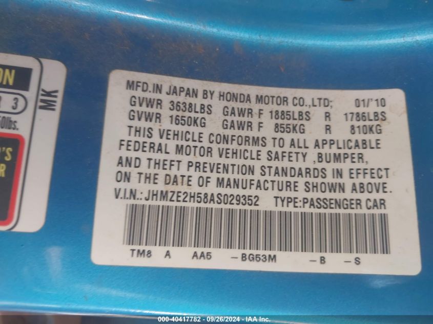 JHMZE2H58AS029352 2010 Honda Insight Lx