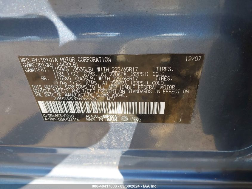 2008 Toyota Rav4 VIN: JTMZD33V986065328 Lot: 40417808