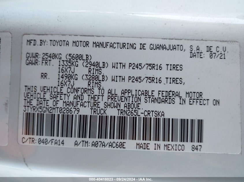 3TYRX5GN2MT028679 2021 Toyota Tacoma Sr