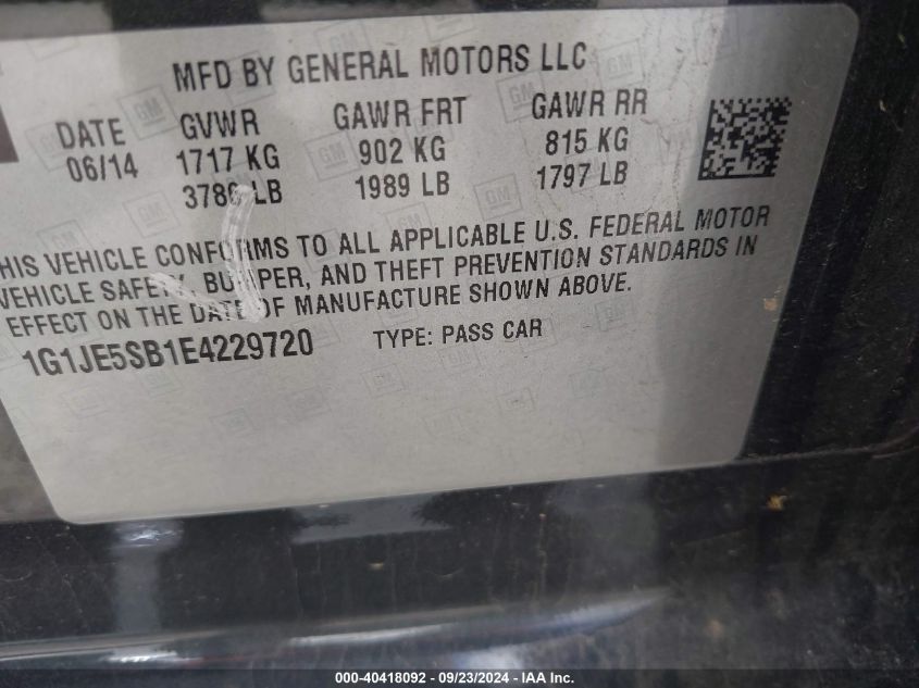 1G1JE5SB1E4229720 2014 Chevrolet Sonic Ltz Auto