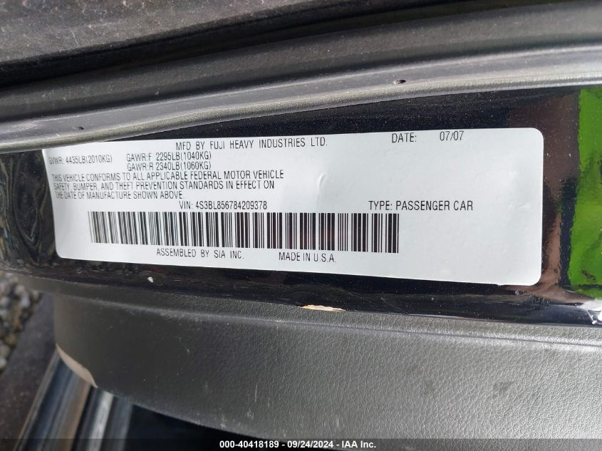 4S3BL856784209378 2008 Subaru Legacy 3.0R Limited