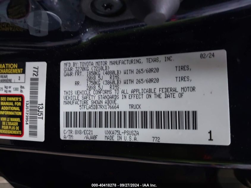 2024 Toyota Tundra Sr5 VIN: 5TFLA5DB7RX176664 Lot: 40418278