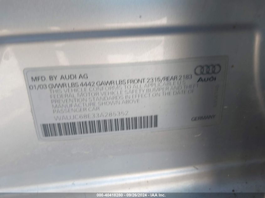 2003 Audi A4 1.8T VIN: WAUJC68E33A285352 Lot: 40418280